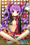  1girl barefoot breasts copyright_name fang long_hair looking_at_viewer myoya pink_eyes purple_hair scythe sitting smile solo sword_girls twintails 