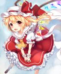  1girl ascot blonde_hair dress fang flandre_scarlet hat hat_ribbon highres mob_cap open_mouth paragasu_(parags112) puffy_short_sleeves puffy_sleeves red_dress red_eyes ribbon sash shirt short_sleeves side_ponytail smile solo touhou v_arms wings wrist_cuffs 