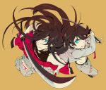  2boys black_hair blood blood_on_face blue_eyes cuts horikawa_kunihiro injury inoue_touken izumi-no-kami_kanesada katana long_hair multiple_boys pants sword torn_clothes torn_pants torn_shirt touken_ranbu weapon 