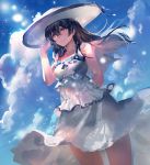  1girl black_hair blue_sky brown_eyes dress hat kishiyo long_hair looking_at_viewer love_live!_school_idol_project revision sky smile solo sonoda_umi sun_hat white_dress 