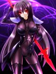  1girl bodysuit breasts commentary_request engo_(aquawatery) fate/grand_order fate_(series) gae_bolg highres holding holding_weapon large_breasts long_hair looking_at_viewer polearm purple_hair red_eyes scathach_(fate/grand_order) skin_tight solo spear very_long_hair weapon 