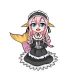  1girl :d aoba_kino blue_eyes breasts chibi cleavage drill_hair full_body head_fins lolita_fashion long_hair maid_headdress mermaid meroune_lorelei monster_girl monster_musume_no_iru_nichijou open_mouth pink_hair scales simple_background smile solo white_background 