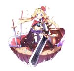  1girl aoi_tsunami armband blonde_hair blue_eyes boots cape chestnut_mouth coin crown elbow_gloves gloves hairband highres huge_weapon jewelry knee_boots long_hair midriff navel necklace original pointy_ears sheath skirt sword thigh-highs treasure_chest twintails weapon zettai_ryouiki 
