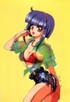  1girl 90s breasts collar hairband highres looking_at_viewer mon_mon oldschool purple_hair red_eyes short_hair smile solo 