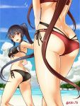  2girls abo_(hechouchou) bare_shoulders beach bikini black_bikini black_hair blue_sky blurry brown_hair depth_of_field flying_sweatdrops from_behind highres kantai_collection long_ponytail multiple_girls out_of_frame red_eyes side-tie_bikini sky striped striped_bikini striped_swimsuit swimsuit twitter_username yahagi_(kantai_collection) yamato_(kantai_collection) 