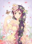  1girl alternate_hairstyle bare_shoulders blush braid butterfly flower green_eyes long_hair love_live!_school_idol_project off_shoulder parted_lips petals pii_(pxuy) purple_hair single_braid smile solo toujou_nozomi 
