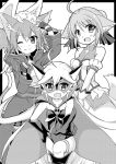  3girls animal_ears animal_on_head blonde_hair breastplate cape crossover dog_days dog_ears doronjo dragon dress fingerless_gloves gloves leopard_(yatterman) leotard mask millhiore_f_biscotti multiple_girls one_eye_closed pina_(sao) short_hair short_twintails silica silica_(sao-alo) sword_art_online tail thigh-highs tougo twintails yatterman yoru_no_yatterman 