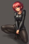  1girl ayakumo black_legwear collarbone covering covering_crotch highres horikawa_raiko long_sleeves looking_at_viewer pantyhose red_eyes redhead ribbed_sweater smile solo spread_legs squatting sweater sweater_tug touhou v_arms 