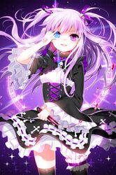  1girl black_legwear blood boxcutter cross cross-laced_clothes dress garters gothic_lolita hair_ribbon heterochromia lolita_fashion long_hair myoya pentagram purple_hair ribbon skull solo sword_girls 