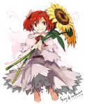  1girl dress fairy_wings flower grin hair_flower hair_ornament hichiko red_eyes redhead ribbon short_hair smile solo sunflower_fairy touhou twintails wings 