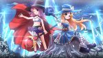  &gt;_o 2girls ;) blonde_hair blue_eyes cape copyright_request hat highres holding long_hair looking_at_viewer multiple_girls navel one_eye_closed purple_hair red_eyes risutaru sitting smile staff winking witch_hat 