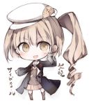  1girl :d akaki_aoki anchor_symbol bangs brown_eyes chibi fang hand_on_own_chin hat light_brown_hair military military_uniform naval_uniform open_mouth original side_ponytail simple_background skirt smile solo standing uniform white_background 