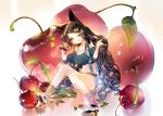  1girl animal_ears black_hair breasts cherry cherrypin cleavage curly_hair flower flower_on_head food fruit high_heels jewelry leaf long_hair looking_at_viewer midriff mismatched_legwear navel necklace original pearl_necklace sitting solo tongue very_long_hair yellow_eyes 