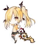  1girl akaki_aoki blonde_hair chibi commentary_request gloves hair_ribbon hood_down kneehighs necktie one_eye_covered original pleated_skirt ribbon simple_background single_kneehigh single_thighhigh skirt solo thigh-highs twintails weapon white_background yellow_eyes 