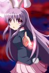  1girl aiming_at_viewer animal_ears blurry bunny_tail clouds cloudy_sky depth_of_field finger_gun full_moon glowing high_collar highres long_hair looking_at_viewer moon otogirisou parted_lips pleated_skirt purple_hair rabbit_ears red_eyes reisen_udongein_inaba skirt sky solo suit_jacket tail touhou 