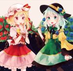  2girls alternate_wings ascot blonde_hair blue_rose bow eyeball flandre_scarlet flower green_eyes hat heart key komeiji_koishi mozukuzu_(manukedori) multiple_girls open_mouth red_eyes ribbon rose short_hair side_ponytail silver_hair skirt smile third_eye touhou wings 