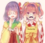  2girls apron bell bespectacled character_name checkered closed_eyes clothes_writing fake_mustache flower glasses hair_bell hair_flower hair_ornament hieda_no_akyuu japanese_clothes kimono laughing motoori_kosuzu mozukuzu_(manukedori) multiple_girls open_mouth purple_hair red_eyes redhead ribbon short_hair sketch smile touhou twintails 