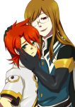  2boys blush brown_hair glasses green_eyes head_grab jade_curtiss long_hair luke_fon_fabre multiple_boys open_mouth red_eyes redhead smile sweat tales_of_(series) tales_of_the_abyss yaoi 