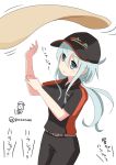  1girl alternate_costume belt black_pants blue_eyes closed_mouth commentary_request food hat hibiki_(kantai_collection) highres kantai_collection long_hair pants pizza pizza_hut pokasu short_sleeves silver_hair simple_background solo translation_request twitter_username white_background 