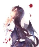  1girl bat_wings blood blood_splatter brown_hair crying crying_with_eyes_open fang head_wings juliet_sleeves koakuma long_hair long_sleeves mikazuki_sara open_mouth profile puffy_sleeves red_eyes skirt skirt_set solo tears touhou wings 