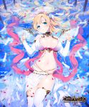  1girl bangle blonde_hair blue_eyes blush bracelet detached_sleeves donacoo halo head_wings jewelry long_hair navel parted_lips partially_submerged petals shingeki_no_bahamut solo thigh-highs water white_legwear white_wings wings 