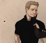  1boy avengers blue_eyes brown_hair clint_barton hand_on_another&#039;s_face hawkeye_(marvel) lipstick_mark marvel niwatori solo_focus 