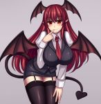  1girl bent_over black_legwear blush breasts demon_girl demon_tail demon_wings female garter_straps head_wings highres juliet_sleeves koakuma large_breasts long_hair long_sleeves miniskirt necktie nekozombie pointy_ears puffy_sleeves red_eyes redhead shirt skirt skirt_set smile solo tail thigh-highs touhou very_long_hair vest wings zettai_ryouiki 