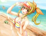  1boy 1girl beach bikini blonde_hair blush bouto_(paranoia) bracelet breasts cleavage hair_ribbon heart highres jewelry large_breasts long_hair marin necklace ocean ponytail ribbon smile solo_focus striped striped_bikini striped_swimsuit swimsuit turtle umi_monogatari visor_cap water yellow_eyes 