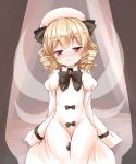  1girl blonde_hair blush bow dress drill_hair hair_bow hat head_tilt long_sleeves luna_child red_eyes short_hair sitting sleeves_past_wrists smile solo touhou wings 
