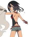  1girl backless black_hair cloak from_behind grin higana_(pokemon) highres holding holding_poke_ball looking_at_viewer mayapazoo poke_ball pokemon pokemon_(game) pokemon_oras red_eyes short_hair short_shorts shorts smile solo white_background 