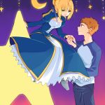  1boy 1girl ahoge blonde_hair crescent_moon dress emiya_shirou fate/stay_night fate_(series) green_eyes kino_hazuki moon orange_hair raglan_sleeves saber solo star 