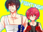  1boy 1girl akatsuki_no_yona bandages black_hair boxing_gloves hak_(akatsuki_no_yona) hibiki redhead short_hair simple_background yona_(akatsuki_no_yona) 