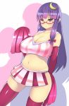  1girl bare_shoulders bespectacled breasts cheerleader cleavage collarbone crescent_hair_ornament crop_top glasses gloves hair_ornament highres large_breasts long_hair midriff miniskirt navel patchouli_knowledge pink-framed_glasses pink_gloves pink_legwear pom_poms purple_hair skirt sleeveless sleeveless_shirt solo souma_(ordures) thigh-highs touhou very_long_hair violet_eyes zettai_ryouiki 