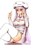  1girl at2. bangs blunt_bangs breasts cleavage cleavage_cutout cowboy_shot ghast hat highres lavender_hair long_hair long_sleeves minecraft open-chest_sweater panties pantyshot pantyshot_(sitting) personification red_eyes ribbed_sweater simple_background sitting sketch solo sweater thigh-highs tsurime turtleneck underwear very_long_hair white_background white_legwear 