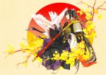  1boy arlizi black_hair branch crane flower japanese_clothes kote nodachi ponytail sheath sheathed sode solo tarou_tachi touken_ranbu 