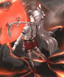  1girl ass bow fire fujiwara_no_mokou hair_bow highres hk_(hk) long_hair long_sleeves looking_at_viewer molten_rock pantyhose puffy_sleeves red_eyes silver_hair solo thighband_pantyhose touhou very_long_hair volcano 