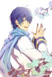 1boy blue_hair blue_nails domco flower kaito long_sleeves looking_at_viewer male_focus nail_polish scarf smile solo vocaloid 