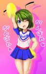  1860_(ichi) 1girl alternate_costume antennae arm_up bare_legs blue_eyes cheerleader colored_shadow copyright_name green_hair hand_on_hip one_eye_closed open_mouth pink_background pleated_skirt pom_poms shadow short_hair simple_background skirt solo touhou wriggle_nightbug 