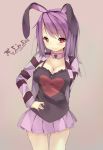  1girl alternate_costume animal_ears blush bonkiru breasts camisole cleavage collar hand_on_hip heart long_hair looking_at_viewer nail_polish pleated_skirt purple_hair rabbit_ears red_eyes reisen_udongein_inaba simple_background skirt smile solo striped tank_top touhou 