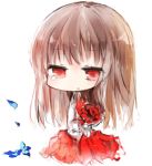  1girl :o akaki_aoki bangs brown_hair chibi dress flower ib ib_(ib) long_sleeves petals red_dress red_eyes simple_background solo tears white_background 