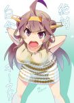  1girl alternate_costume bent_over brown_eyes brown_hair casual comic hairband highres imu_sanjo kantai_collection kongou_(kantai_collection) long_hair looking_at_viewer solo translation_request 