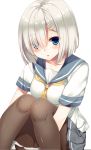  1girl blue_eyes blush breasts brown_legwear bust collarbone hair_ornament hair_over_one_eye hairclip hamakaze_(kantai_collection) kantai_collection knees_touching looking_at_viewer miniskirt neckerchief pantyhose parted_lips pleated_skirt school_uniform serafuku short_hair short_sleeves silver_hair simple_background skirt solo teroru white_background 