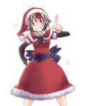  1girl alternate_costume black_hair bow dress grin hat horns kijin_seija multicolored_hair pointing pointing_up pointy_ears red_eyes redhead santa_costume santa_hat short_hair smile solo streaked_hair toropp touhou white_hair 