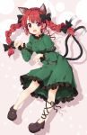  1girl animal_ears arm_ribbon boushi_(nandemo) bow braid cat_ears cat_tail dress extra_ears fang green_dress hair_bow juliet_sleeves kaenbyou_rin leg_ribbon long_sleeves multiple_tails nekomata open_mouth paw_pose puffy_sleeves red_eyes redhead smile solo tail touhou twin_braids 