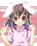  1girl animal_ears brown_hair double_v hikobae inaba_tewi open_mouth rabbit_ears red_eyes short_hair solo touhou v 