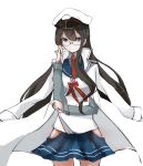  1girl berver black_hair blue_eyes coat glasses hairband hat kantai_collection long_hair ooyodo_(kantai_collection) school_uniform serafuku side_slit smile solo white_background 