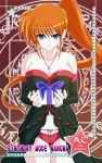  1girl bare_shoulders blue_eyes breasts brown_hair cleavage detached_sleeves gift long_hair looking_at_viewer lyrical_nanoha ponytail smile solo takamachi_nanoha tappa_(esperanza) 