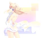  1girl absurdres akira_b animal_ears back bare_shoulders blonde_hair blush braid cat cat_ears dress highres looking_back open_back original short_hair solo white_dress white_wings wings 