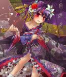  1girl alternate_costume black_hair bow floral_print flower hair_flower hair_ornament highres horns japanese_clothes kakiikada kijin_seija kimono multicolored_hair oriental_umbrella red_eyes redhead short_hair smile solo streaked_hair touhou umbrella white_hair 