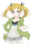  1girl blonde_hair blush collarbone cowboy_shot foreshortening grey_eyes hair_ornament hairclip hand_on_hip highres hoodie long_hair looking_at_viewer pointing shirobako shorts smile solo tomcat twintails yano_erika 